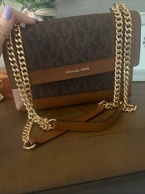 Michael Kors Brown Logo and Saffiano Leather Chain Crossbody